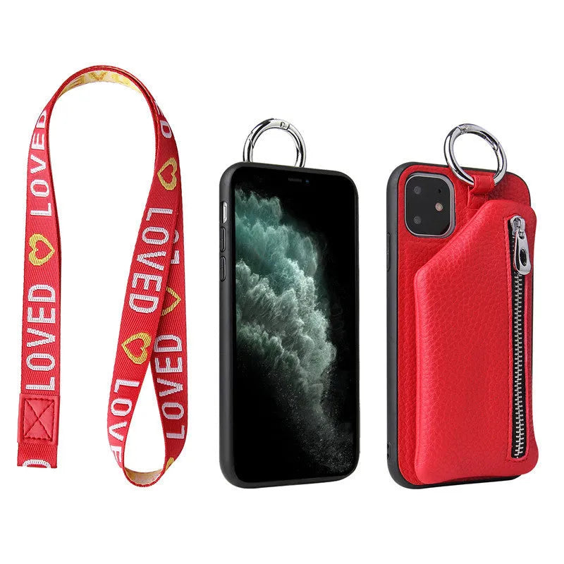 Solid colour PU leather phone case with card slot and attached crossbody lanyard.