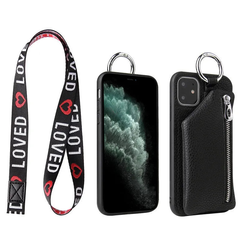 Solid colour PU leather phone case with card slot and attached crossbody lanyard.