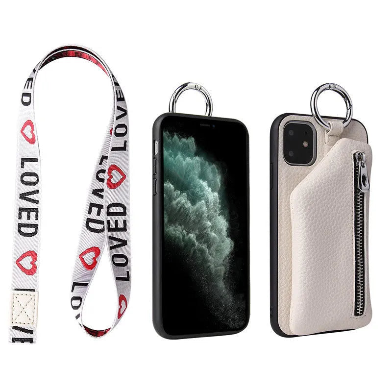 Solid colour PU leather phone case with card slot and attached crossbody lanyard.