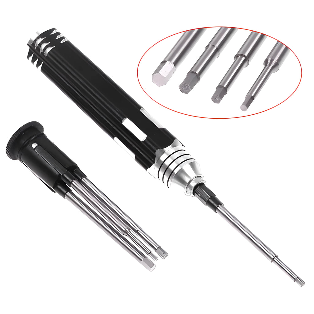 Black four-in-one hexagon socket screwdriver set with aluminium handle containing four precision bits