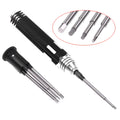 Black four-in-one hexagon socket screwdriver set with aluminium handle containing four precision bits