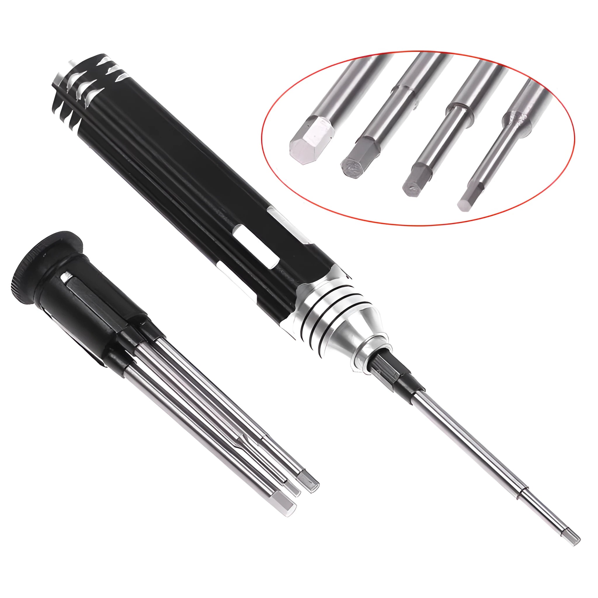 Black four-in-one hexagon socket screwdriver set with aluminium handle containing four precision bits