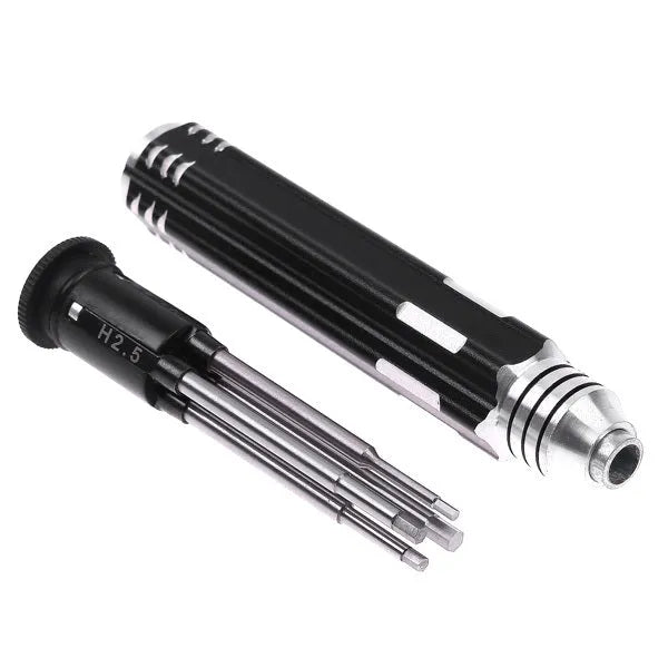 Black four-in-one hexagon socket screwdriver set with aluminium handle containing four precision bits