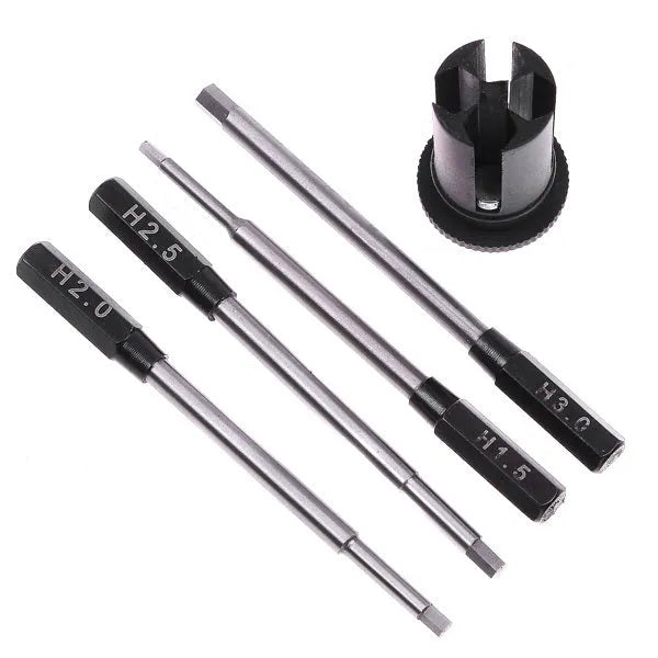 Black four-in-one hexagon socket screwdriver set with aluminium handle containing four precision bits
