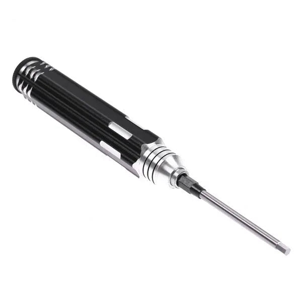 Black four-in-one hexagon socket screwdriver set with aluminium handle containing four precision bits
