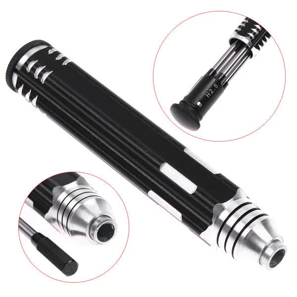 Black four-in-one hexagon socket screwdriver set with aluminium handle containing four precision bits