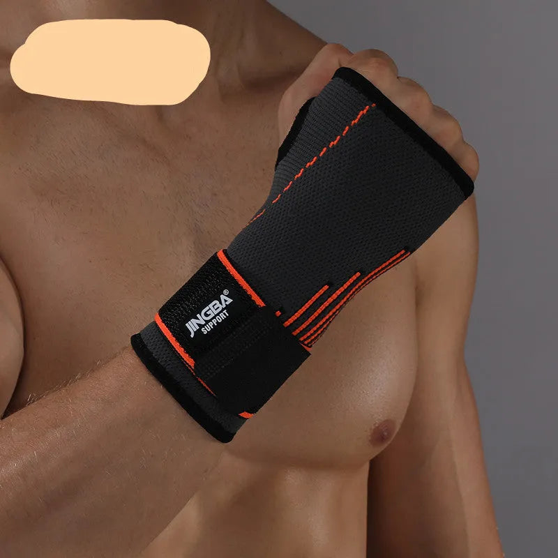 Nylon wrist support bandage with thumb loop and hook and loop strap in black