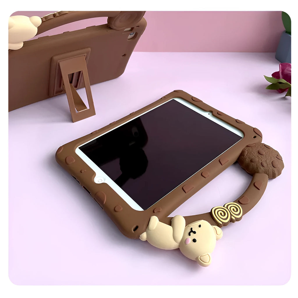 Brown cartoon design silicone iPad sleeve case with an integrated carry bracket.