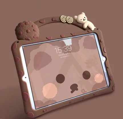Brown cartoon design silicone iPad sleeve case with an integrated carry bracket.