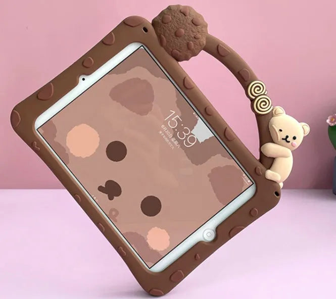Brown cartoon design silicone iPad sleeve case with an integrated carry bracket.