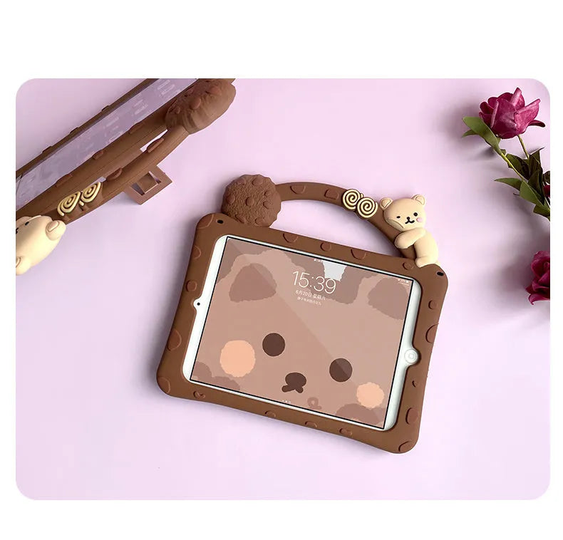 Brown cartoon design silicone iPad sleeve case with an integrated carry bracket.