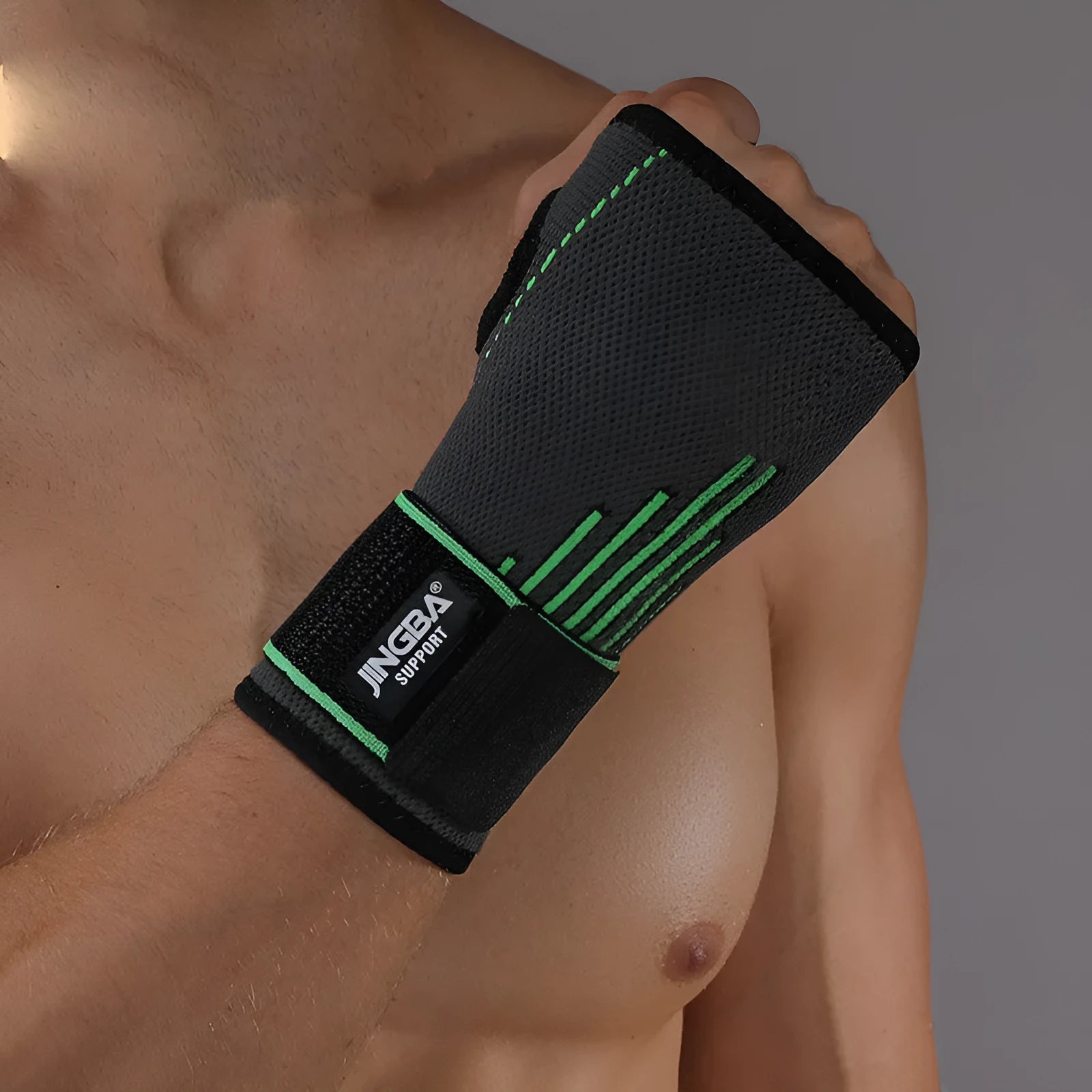 Nylon wrist support bandage with thumb loop and hook and loop strap in black