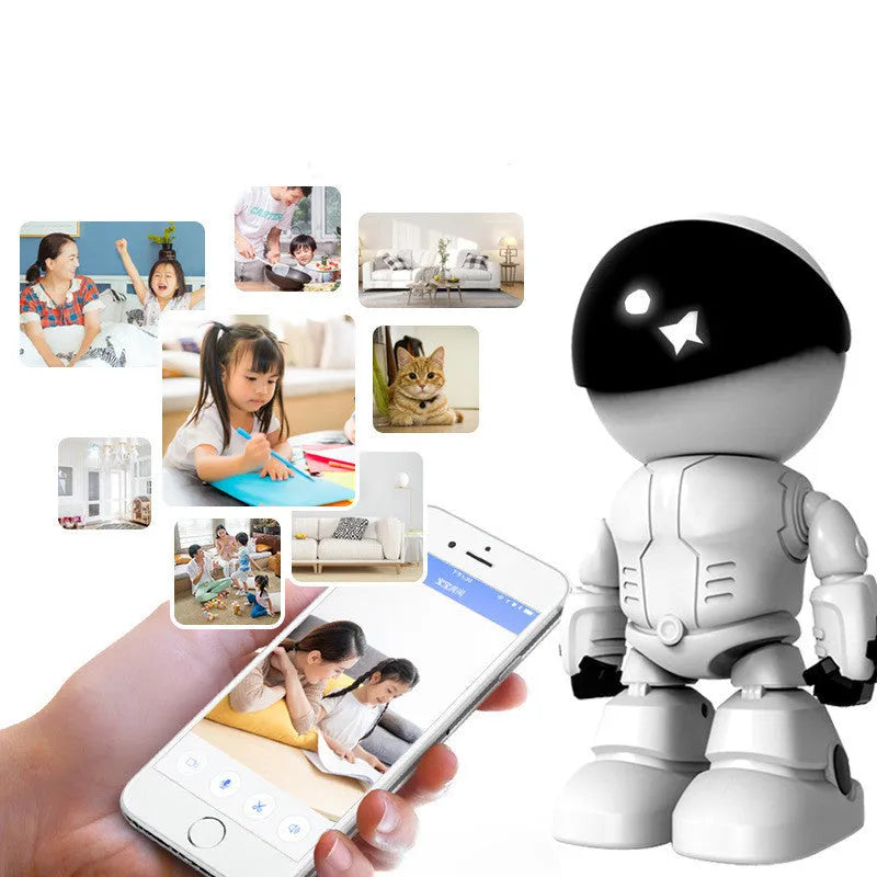 Silver plastic security camera with wide-angle lens showing 355° rotation capability and infrared night vision LEDs