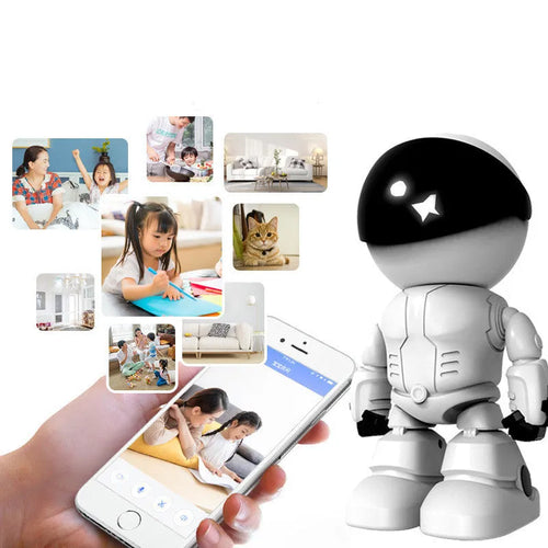 Silver plastic security camera with wide-angle lens showing 355° rotation capability and infrared night vision LEDs