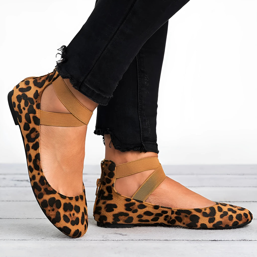 Women's leopard print casual flat shoes with elastic strap and round toe
