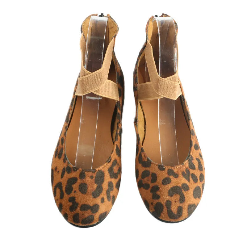 Women's leopard print casual flat shoes with elastic strap and round toe