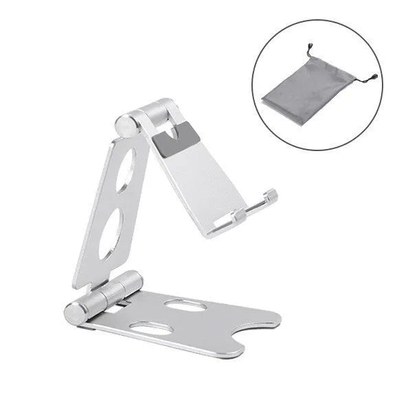 Folding metal phone holder in black on a desk with a mobile phone propped up for hands-free viewing