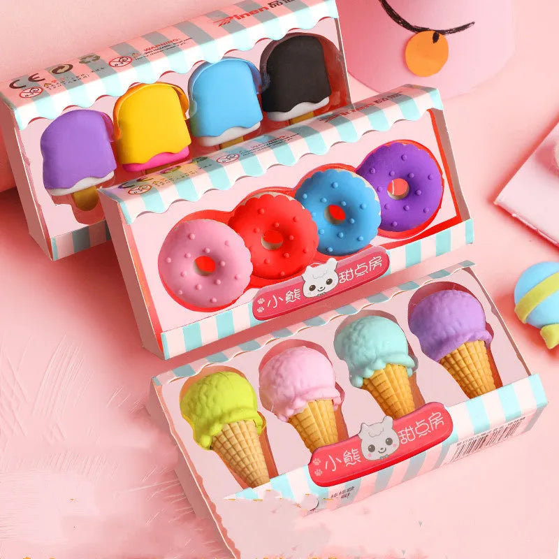 Cartoon eraser gift set with 12 food-themed designs including ice cream cones and donuts