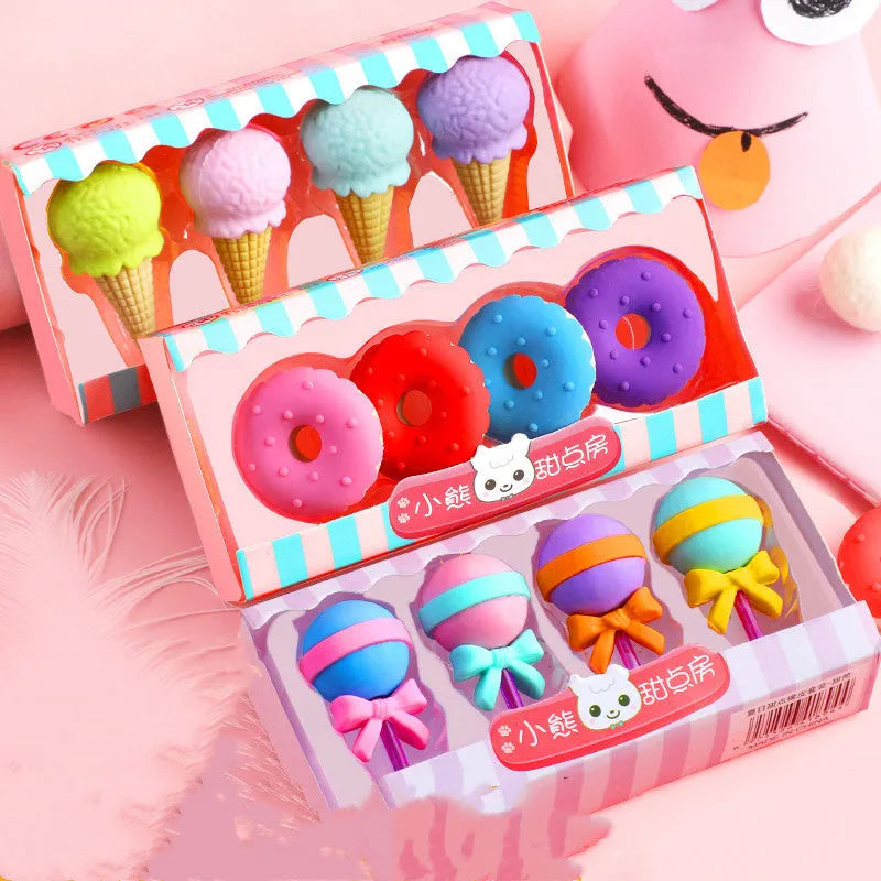 Cartoon eraser gift set with 12 food-themed designs including ice cream cones and donuts