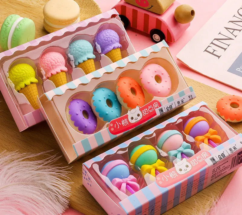 Cartoon eraser gift set with 12 food-themed designs including ice cream cones and donuts