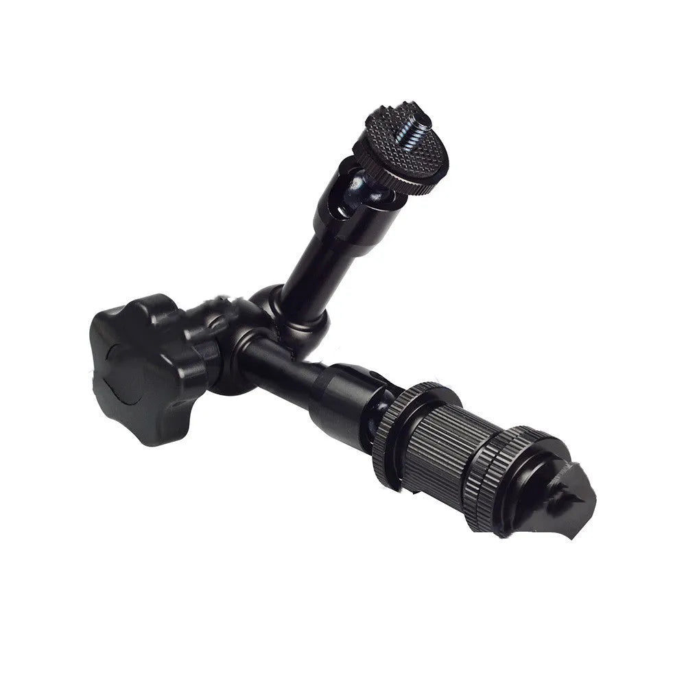 Black all-metal 7-inch magic friction articulating arm for DSLR cameras with hot shoe and camera mounts