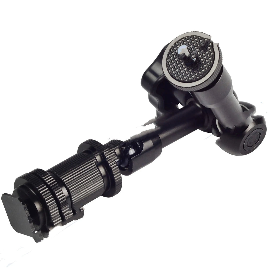 Black all-metal 7-inch magic friction articulating arm for DSLR cameras with hot shoe and camera mounts