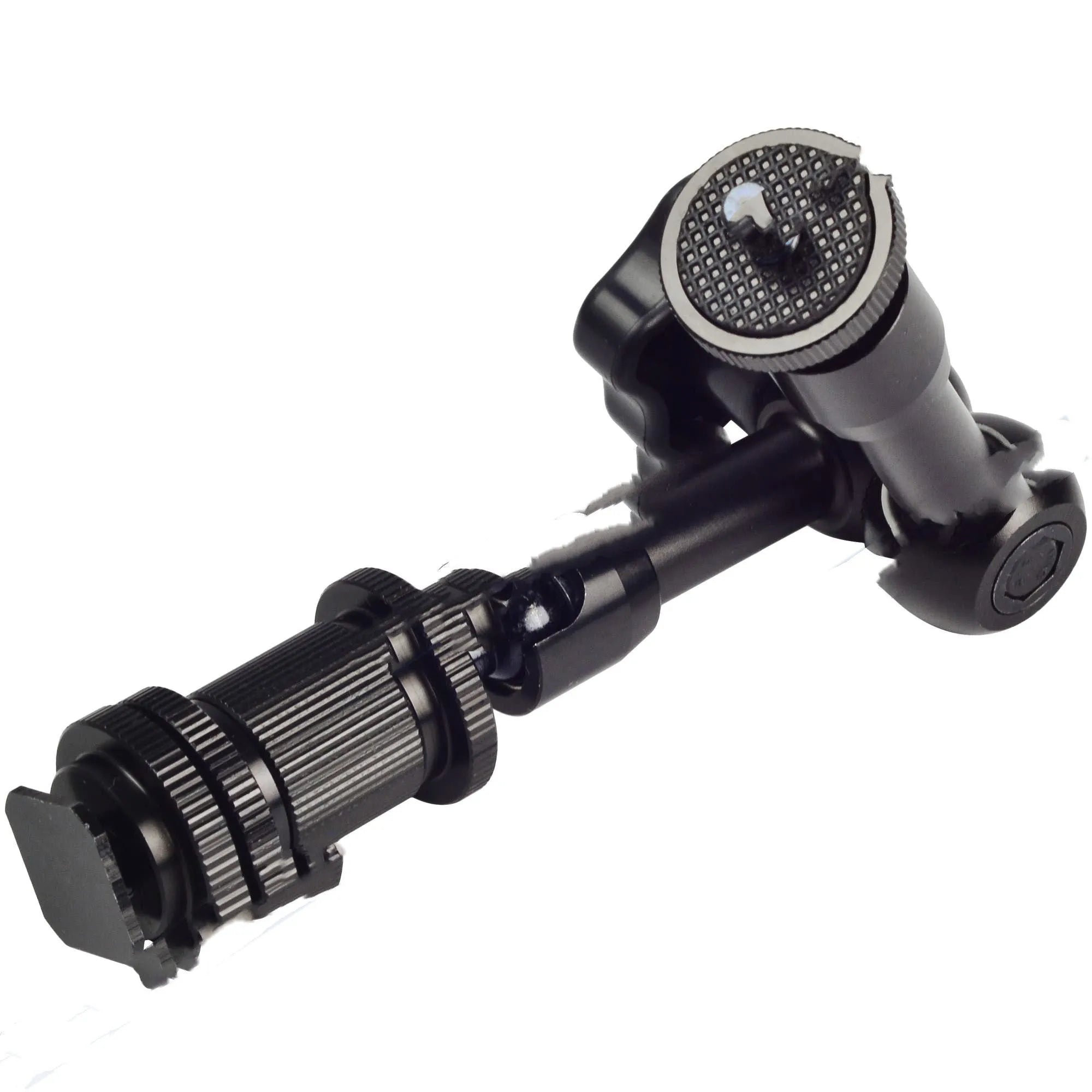 Black all-metal 7-inch magic friction articulating arm for DSLR cameras with hot shoe and camera mounts