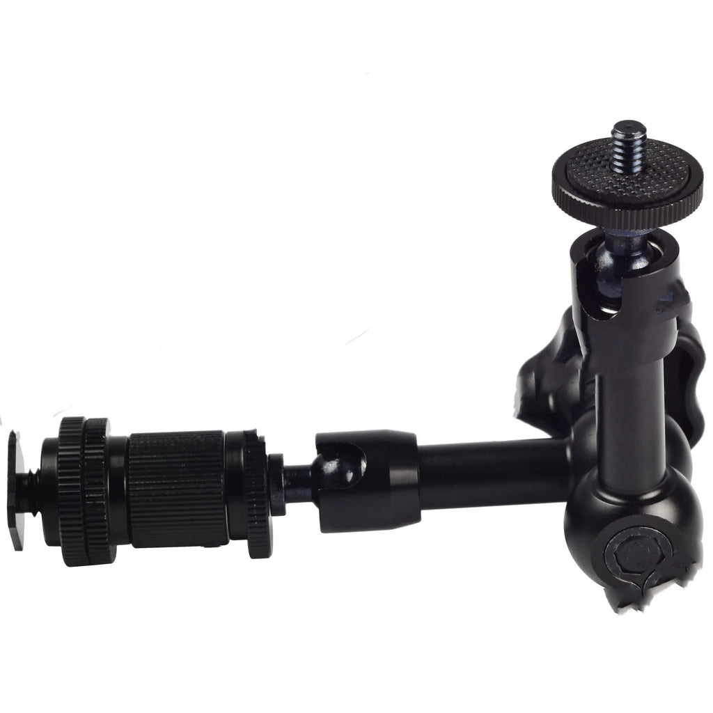 Black all-metal 7-inch magic friction articulating arm for DSLR cameras with hot shoe and camera mounts