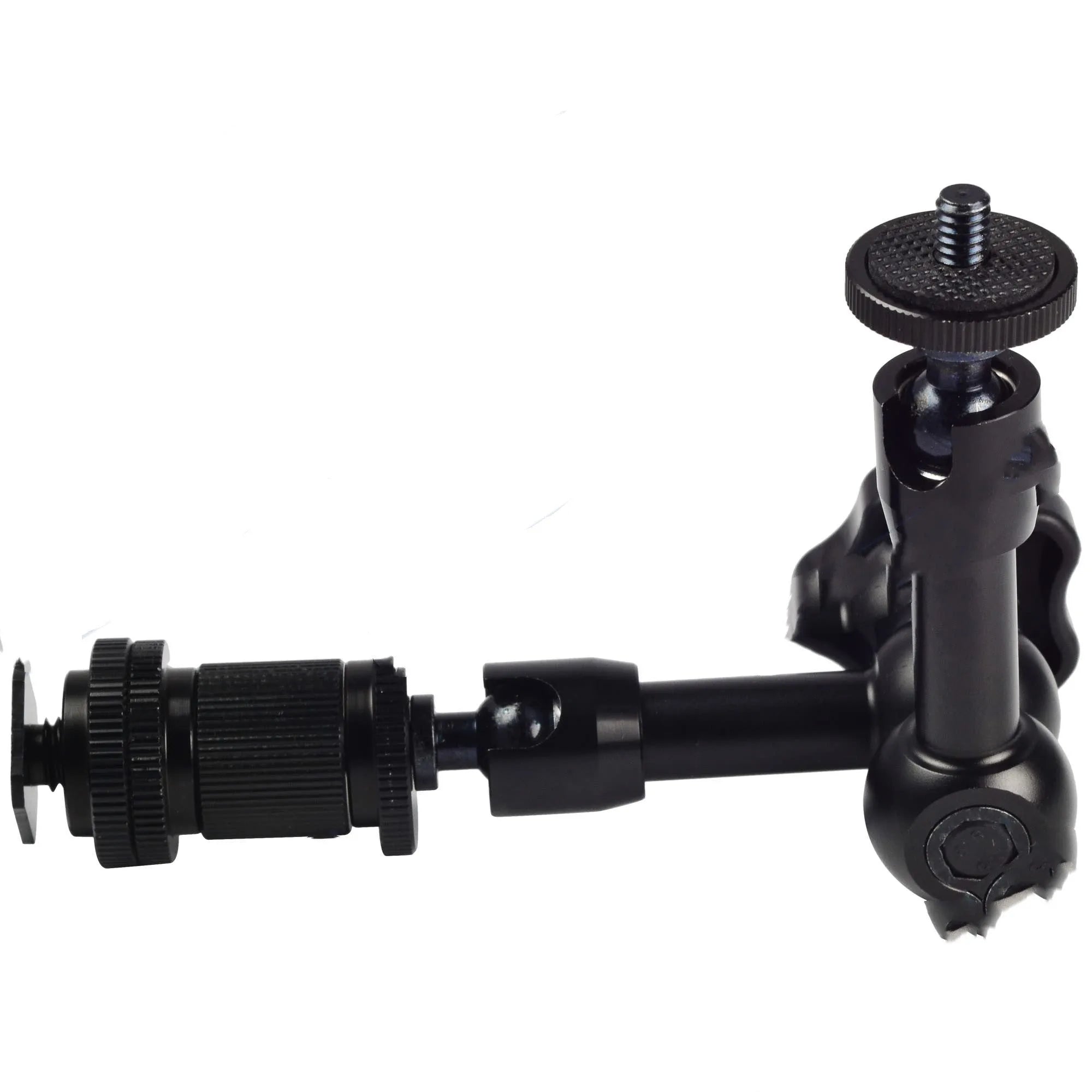 Black all-metal 7-inch magic friction articulating arm for DSLR cameras with hot shoe and camera mounts