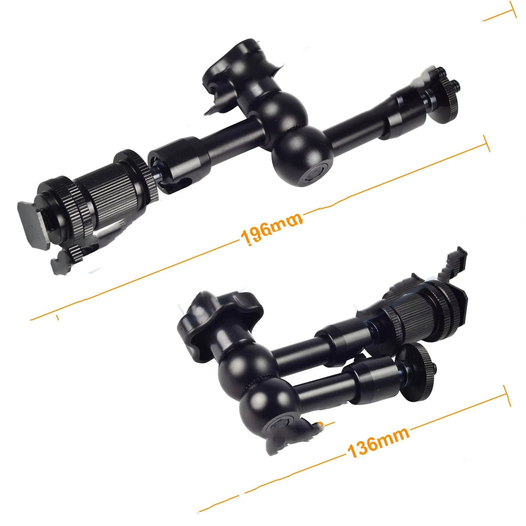 Black all-metal 7-inch magic friction articulating arm for DSLR cameras with hot shoe and camera mounts