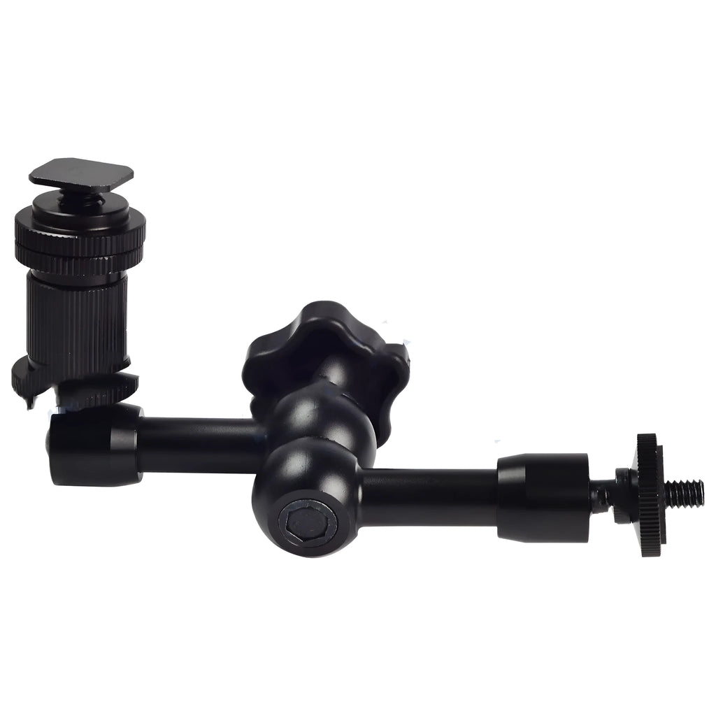 Black all-metal 7-inch magic friction articulating arm for DSLR cameras with hot shoe and camera mounts