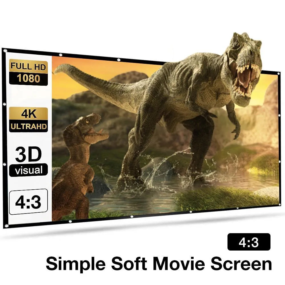 White 150-inch portable folding projection screen set up on a stand