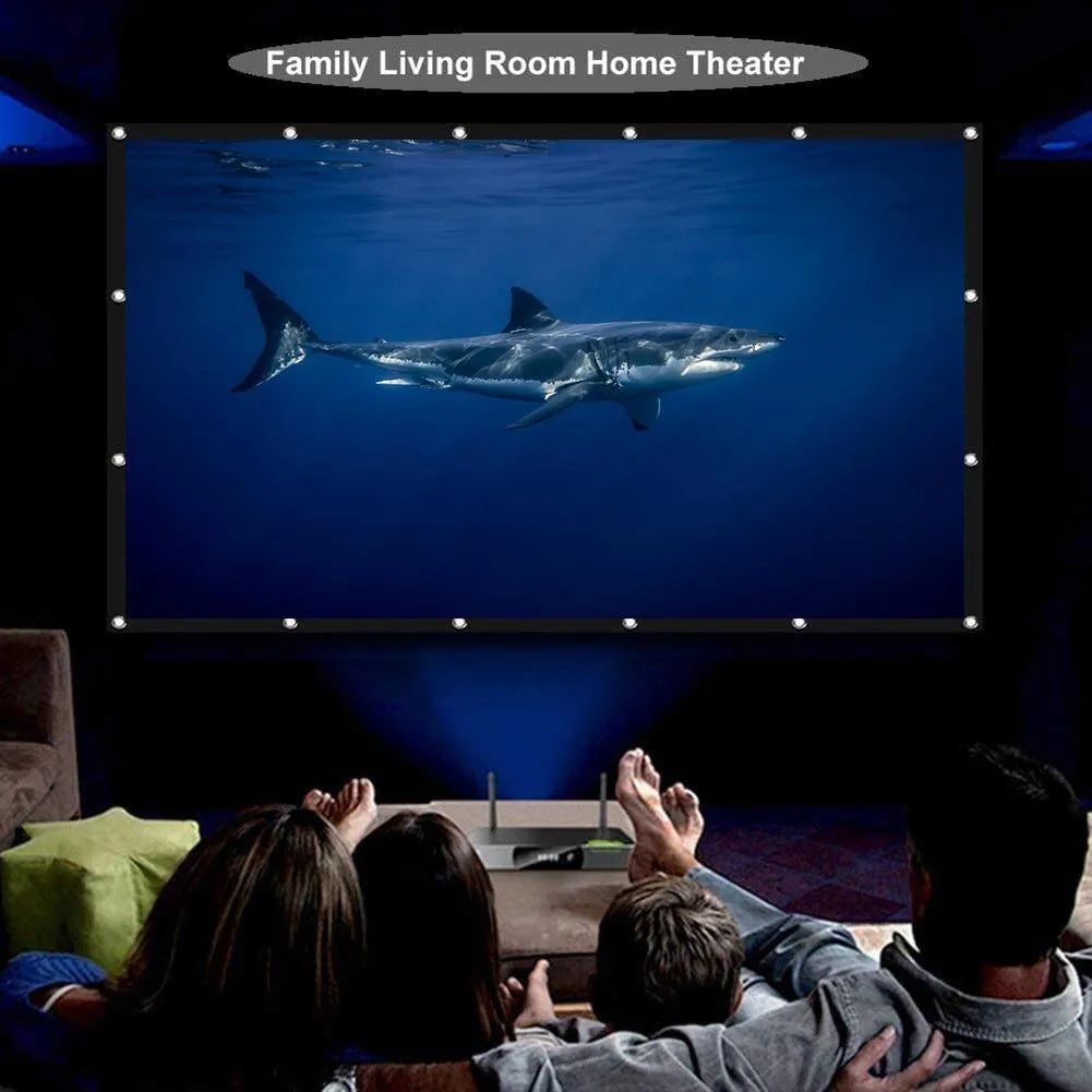 White 150-inch portable folding projection screen set up on a stand