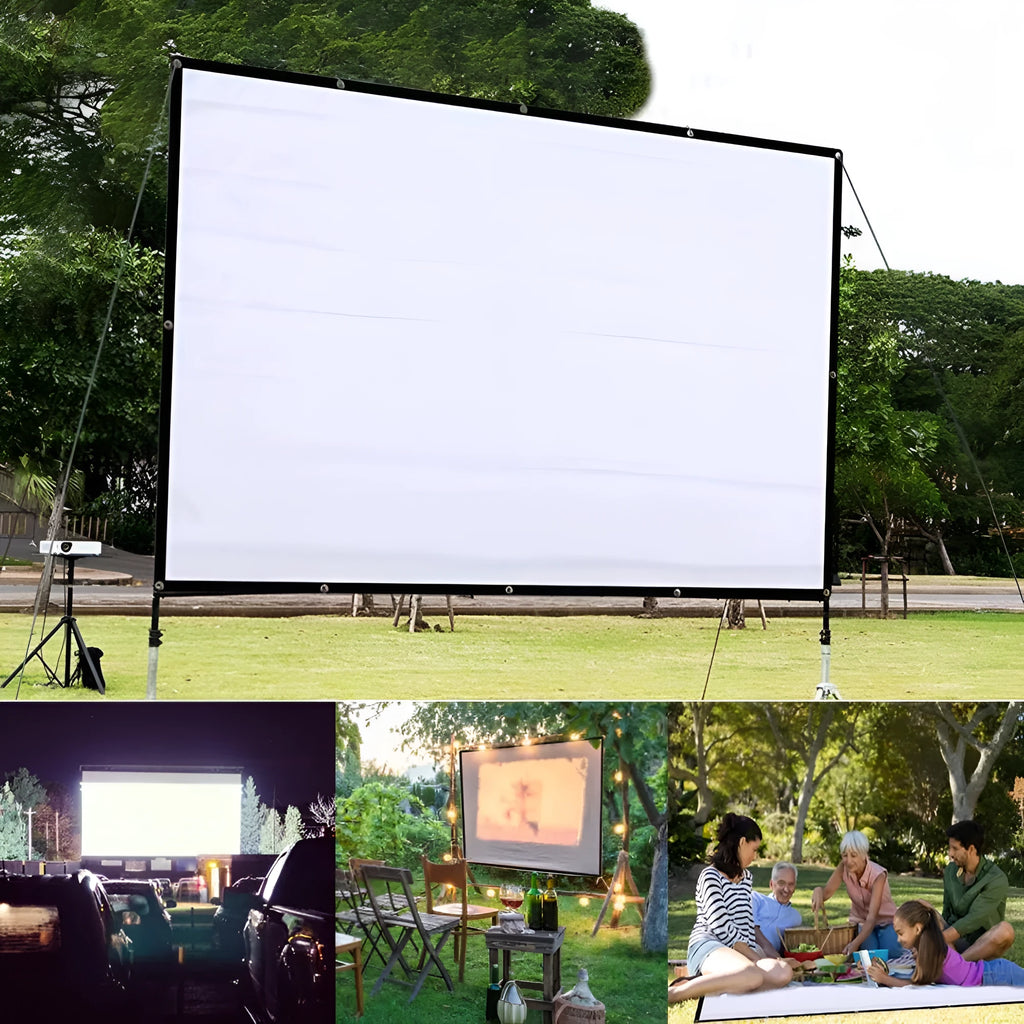 White 150-inch portable folding projection screen set up on a stand