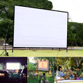 White 150-inch portable folding projection screen set up on a stand