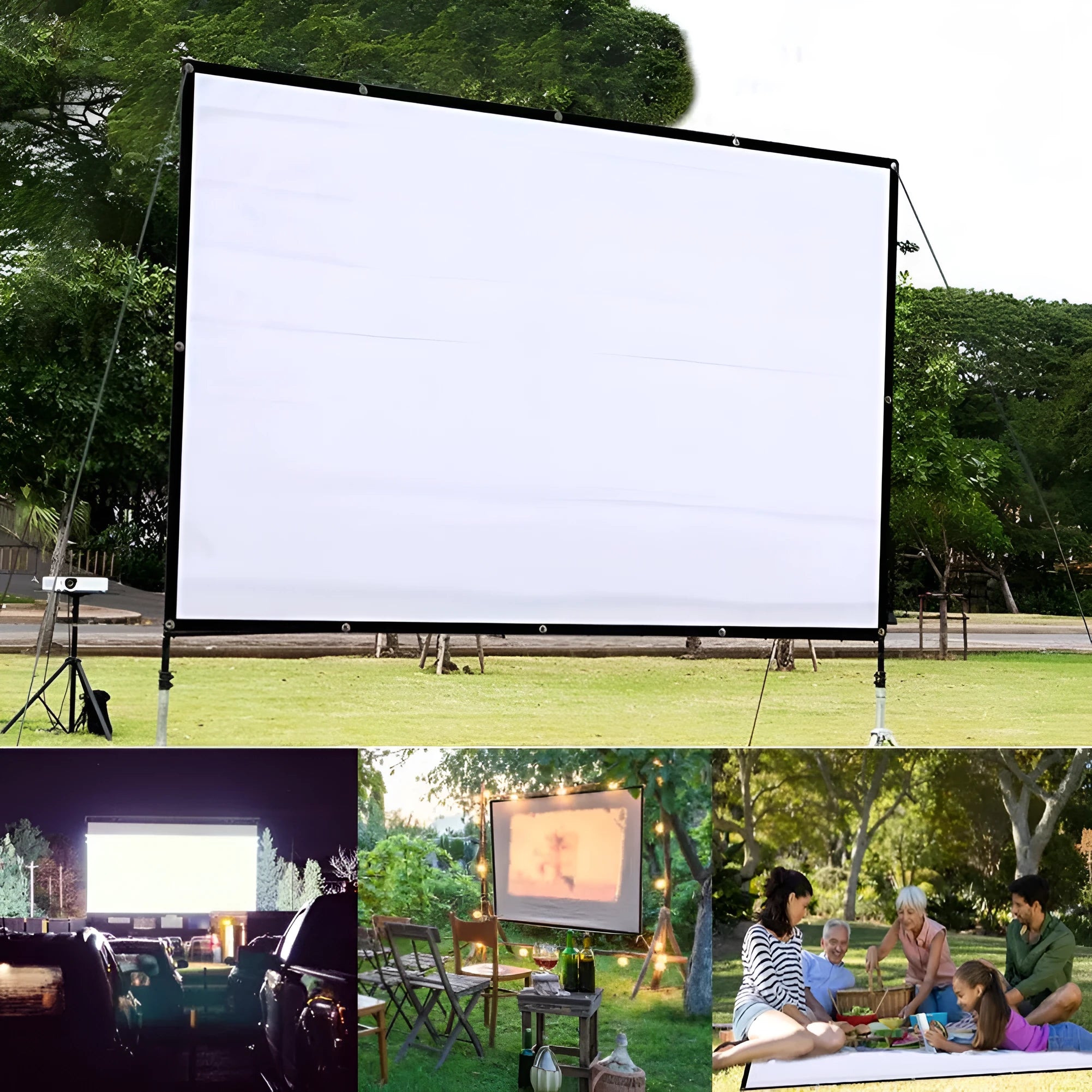 White 150-inch portable folding projection screen set up on a stand