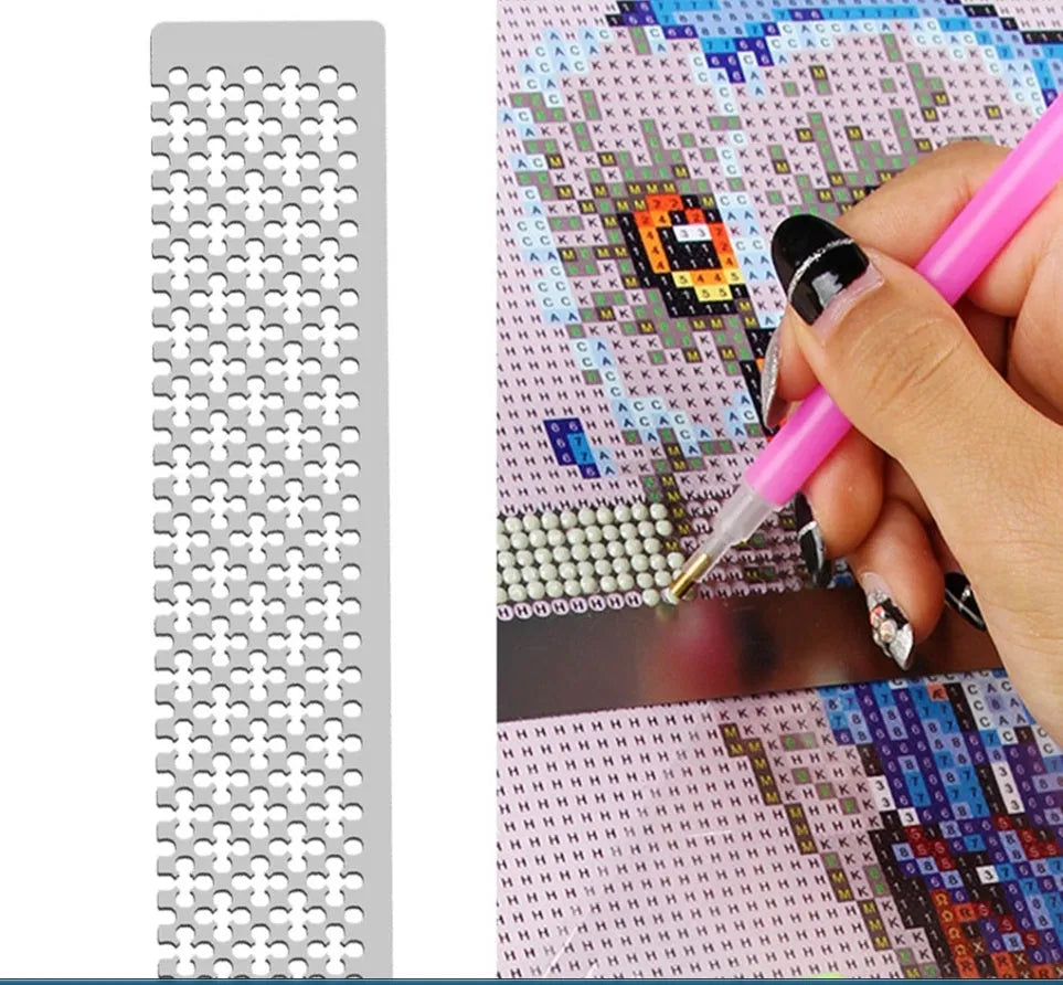 Stainless steel diamond painting mesh ruler showing 15x3cm grid for round or square drill placement