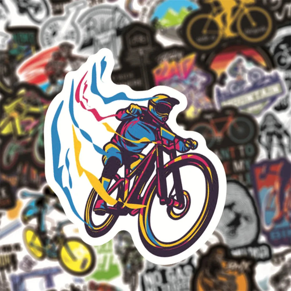 Pack of 50 bicycle doodle stickers showing mountain bike and bicycle patterns for frame decoration