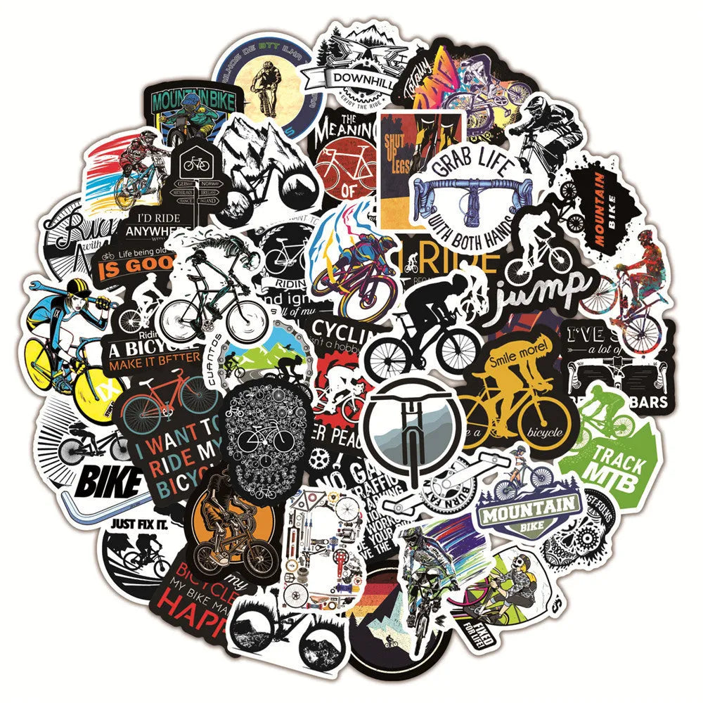Pack of 50 bicycle doodle stickers showing mountain bike and bicycle patterns for frame decoration