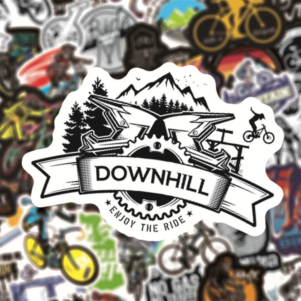 Pack of 50 bicycle doodle stickers showing mountain bike and bicycle patterns for frame decoration