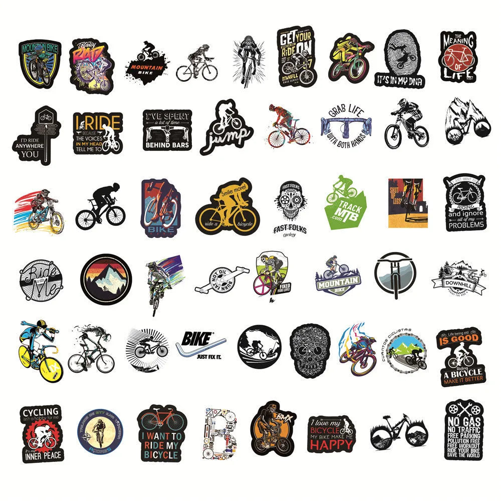 Pack of 50 bicycle doodle stickers showing mountain bike and bicycle patterns for frame decoration