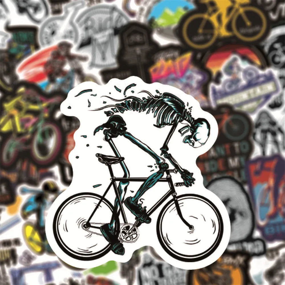 Pack of 50 bicycle doodle stickers showing mountain bike and bicycle patterns for frame decoration