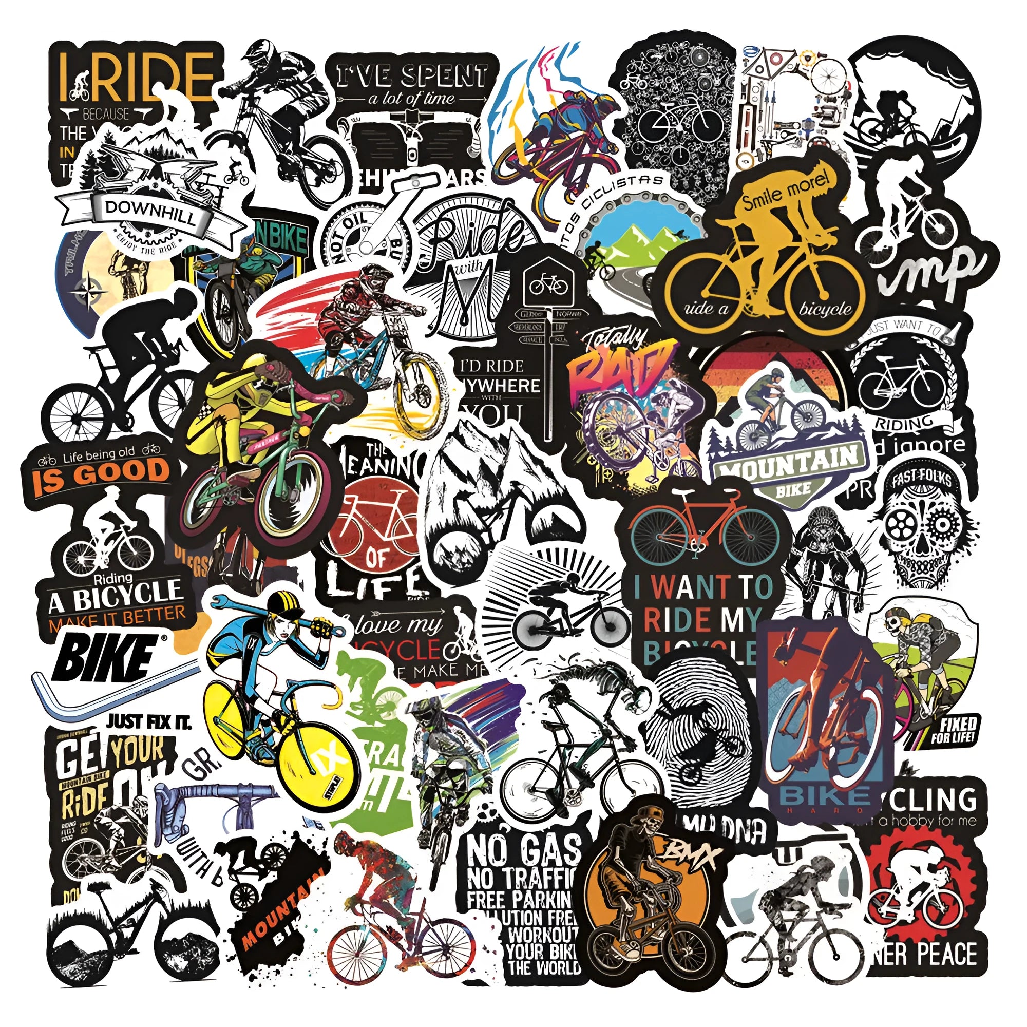 Pack of 50 bicycle doodle stickers showing mountain bike and bicycle patterns for frame decoration