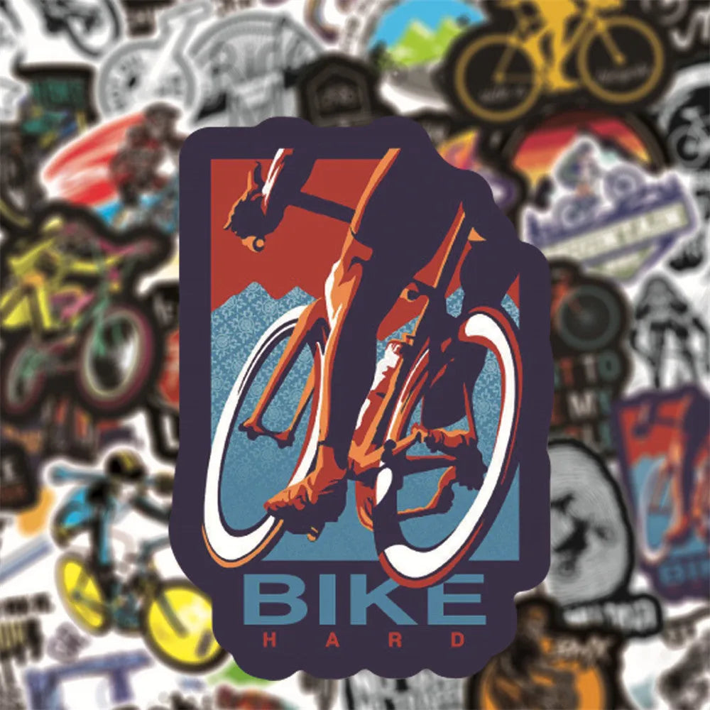 Pack of 50 bicycle doodle stickers showing mountain bike and bicycle patterns for frame decoration