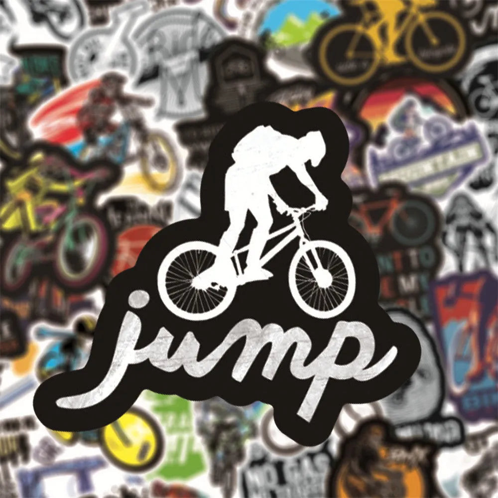 Pack of 50 bicycle doodle stickers showing mountain bike and bicycle patterns for frame decoration