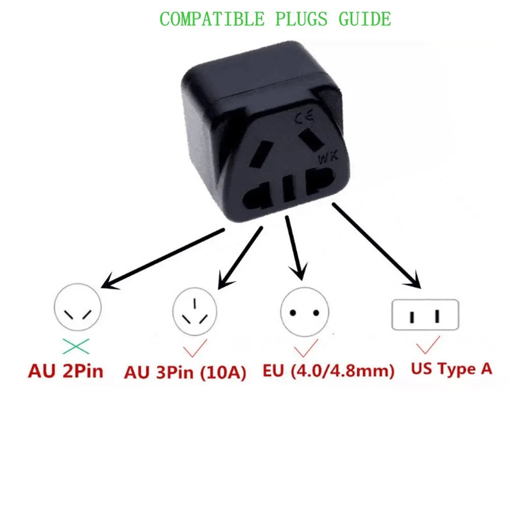 Square-shaped three plug power conversion adapter in black and white colour options