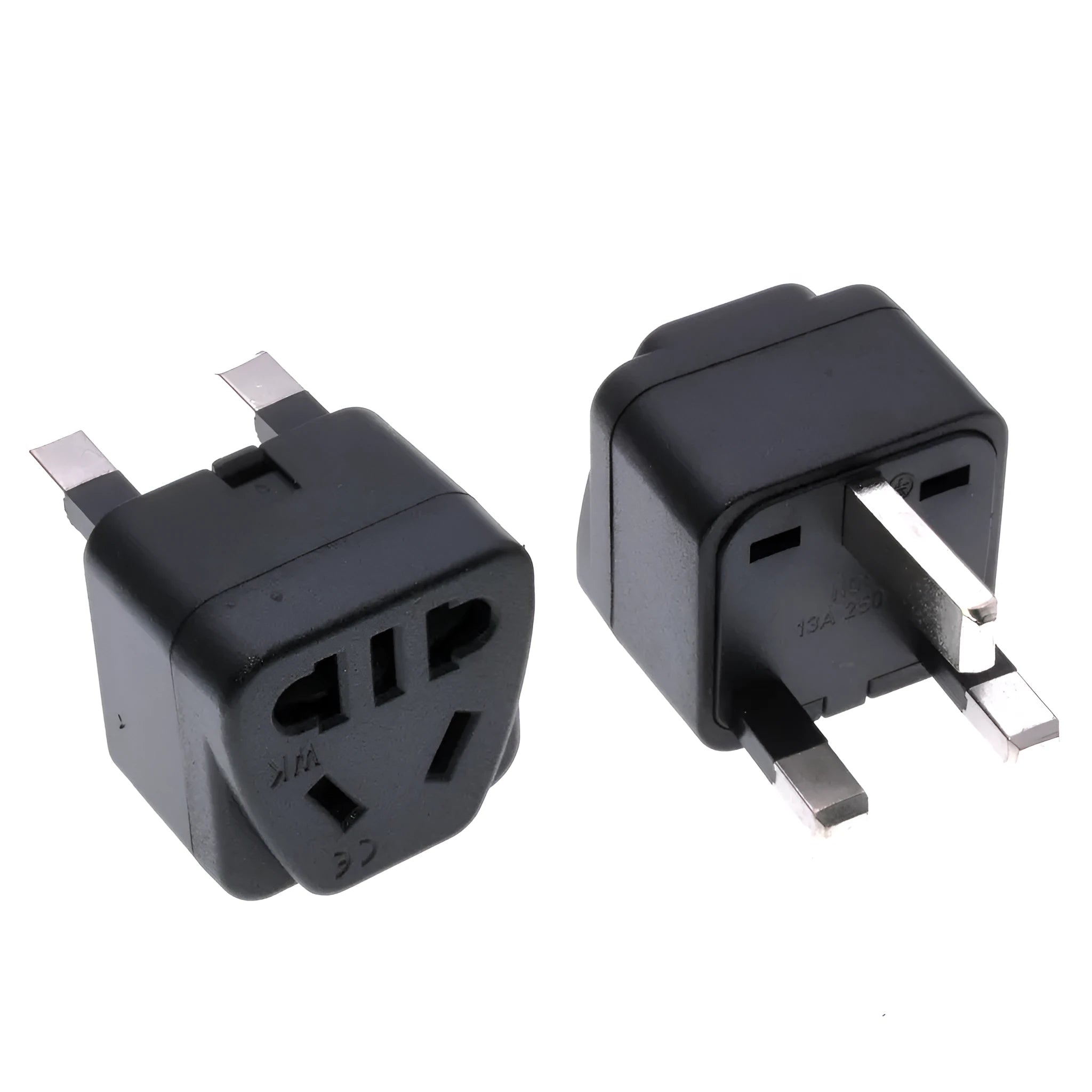 Square-shaped three plug power conversion adapter in black and white colour options