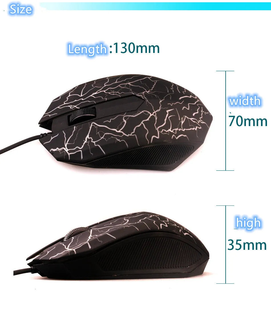 Black wired optical mouse with six buttons and four-way scroll wheel on a desk