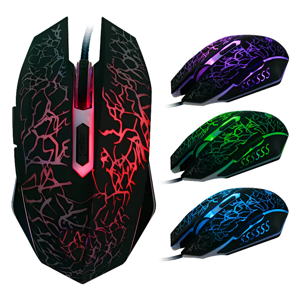 Black wired optical mouse with six buttons and four-way scroll wheel on a desk