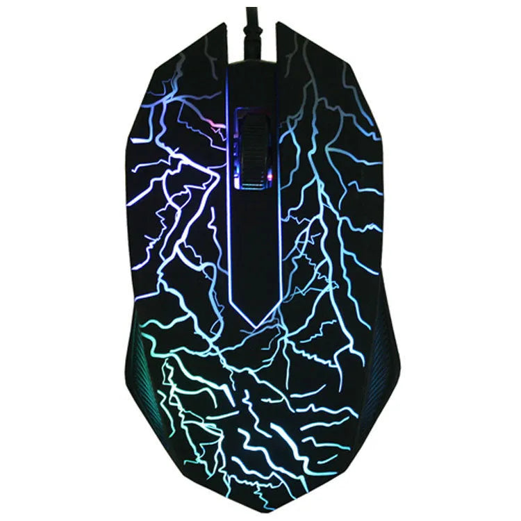 Black wired optical mouse with six buttons and four-way scroll wheel on a desk